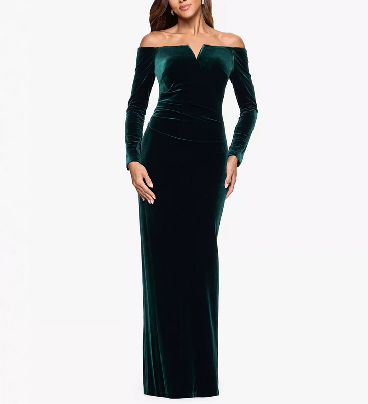 X by XSCAPE Velvet Off-The-Shoulder Gown MSRP $179