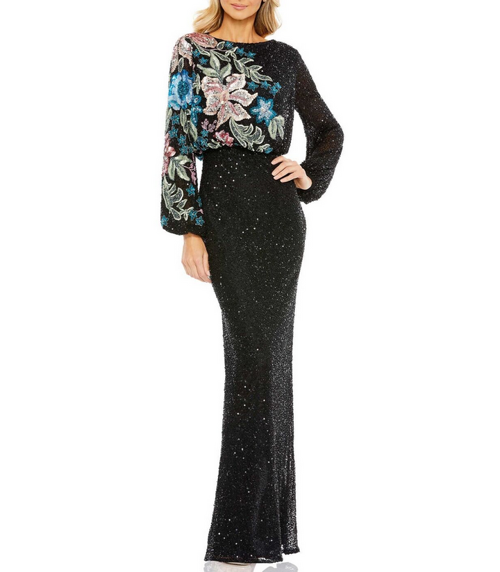 Mac Duggal Embellished Sequin Long Sleeve Blouson Gown MSRP $598