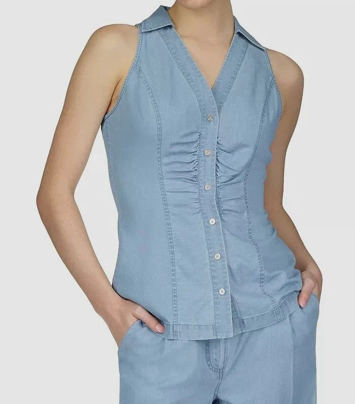 Michael Kors Women's Blue Sleeveless Collared Top MSRP $98
