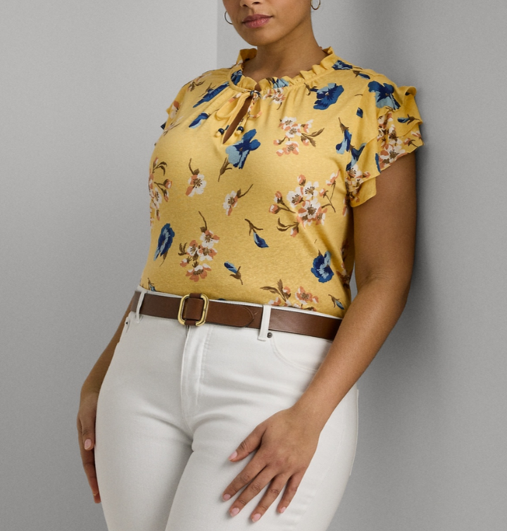 LAUREN RALPH LAUREN Plus Size Floral Linen-Blend Jersey Tie-Neck Top MSRP $115