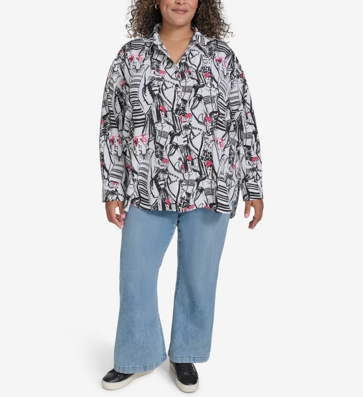 KARL LAGERFELD PARIS Plus Size Printed Collared Button-Front Shirt MSRP $99