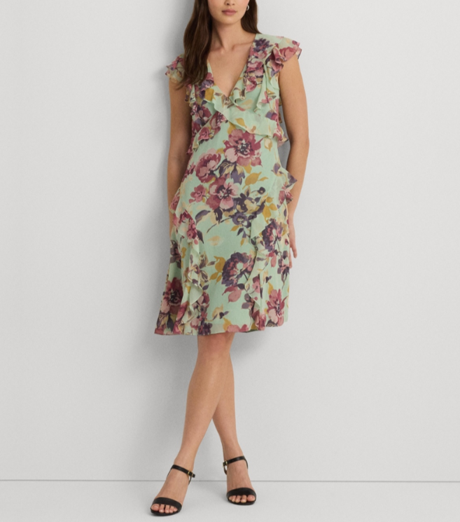 Lauren Ralph Lauren Ruffled V-Neck A-Line Dress MSRP $185
