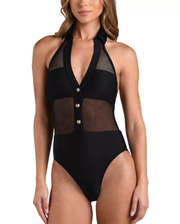 L'AGENCE Natalya Collared Mesh Solid One Piece Swimsuit MSRP $280