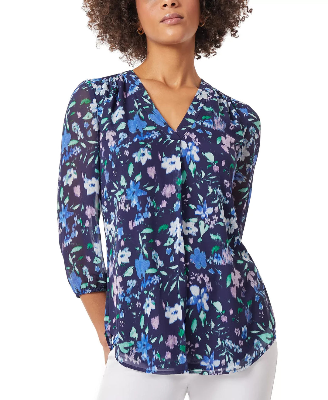 Jones New York Floral-Print V-Neck 3/4-Sleeve Kelly Top Size PS MSRP $69.50