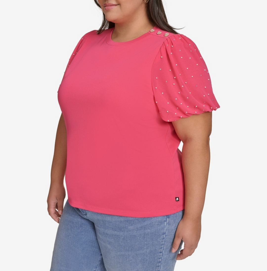 KARL LAGERFELD PARIS Plus Size Embellished Puff-Sleeve T-Shirt MSRP $99