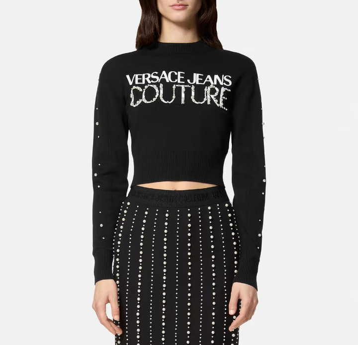 Versace Jeans Couture Embellished Logo Crop Sweater MSRP $475