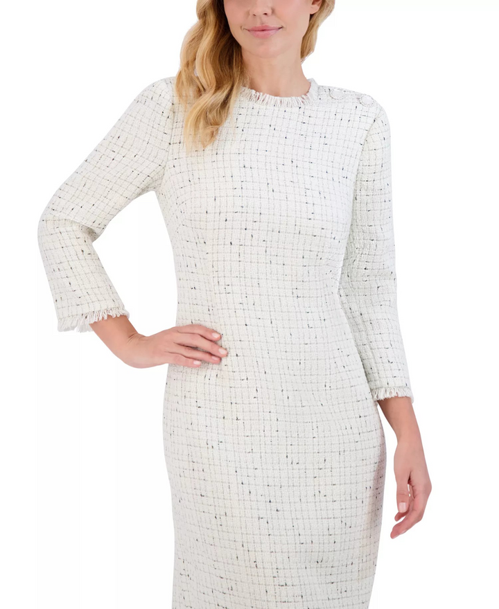 Eliza J Women's Fringe-Trim Bouclé Tweed Sheath Dress MSRP $118