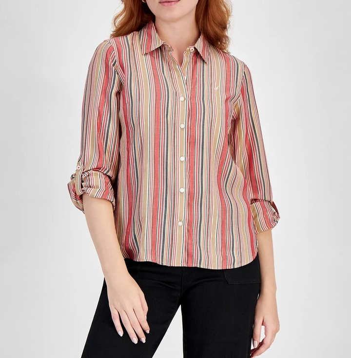 Nautica Jeans Women's Glint Stripe Roll-Tab Button-up Shirt MSRP $49.99