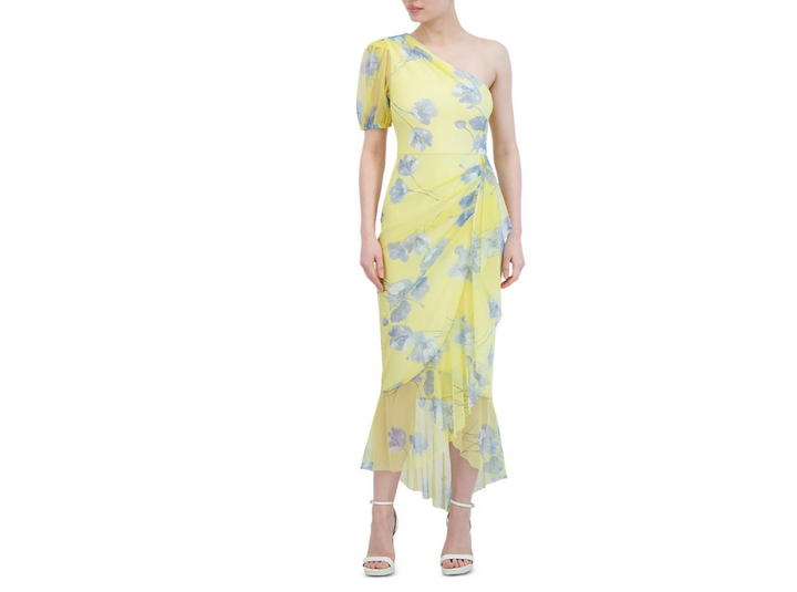 BCBGMAXAZRIA One Shoulder Puff Sleeve Printed Dress MSRP $298