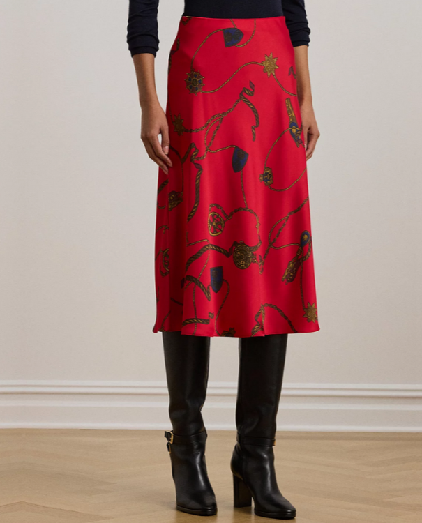 Lauren Ralph Lauren Belting-Print Satin Charmeuse Midi Skirt MSRP $175