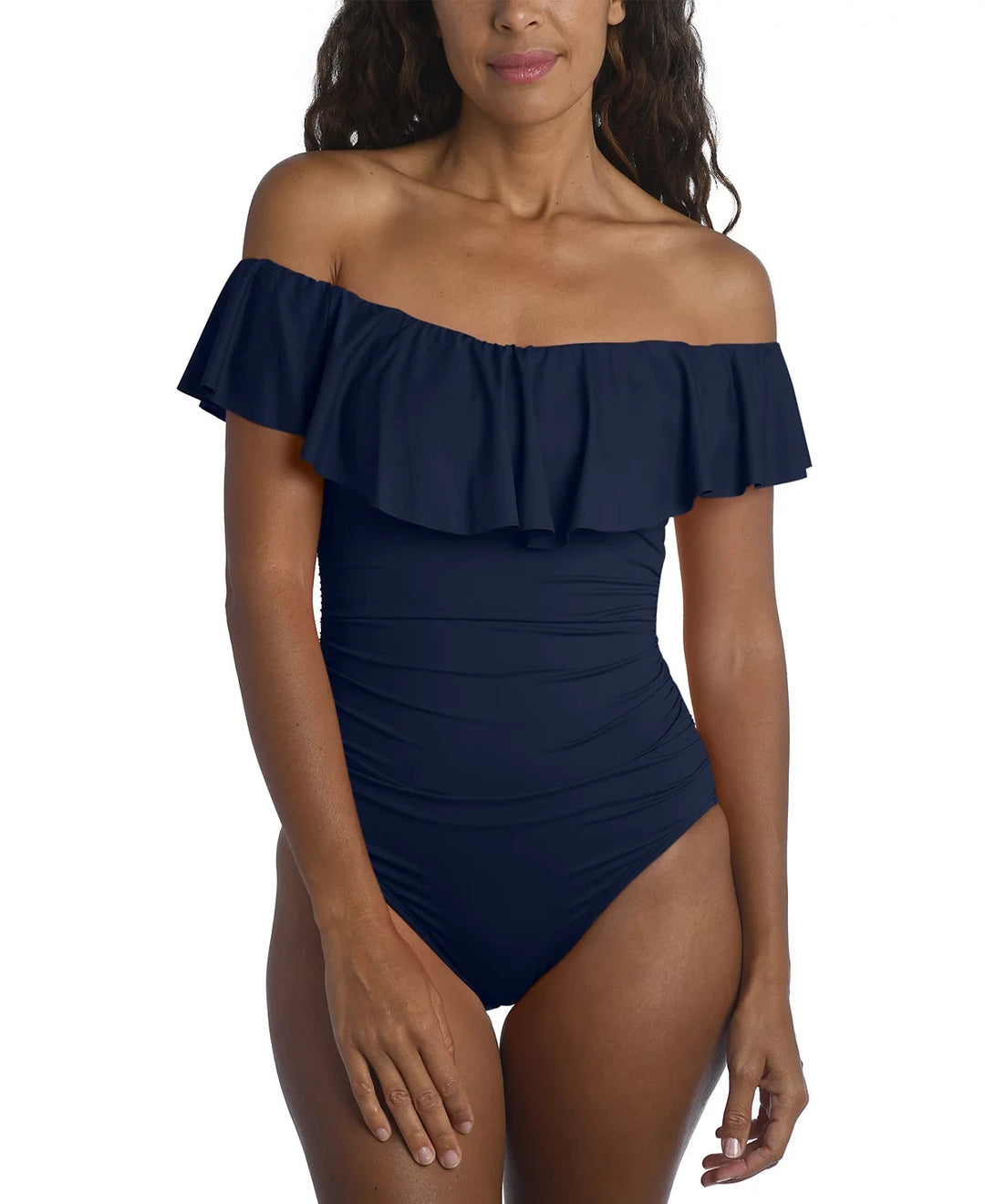 La Blanca Island Goddess Off-The-Shoulder Ruffled One-Piece Swimsuit MSRP $130