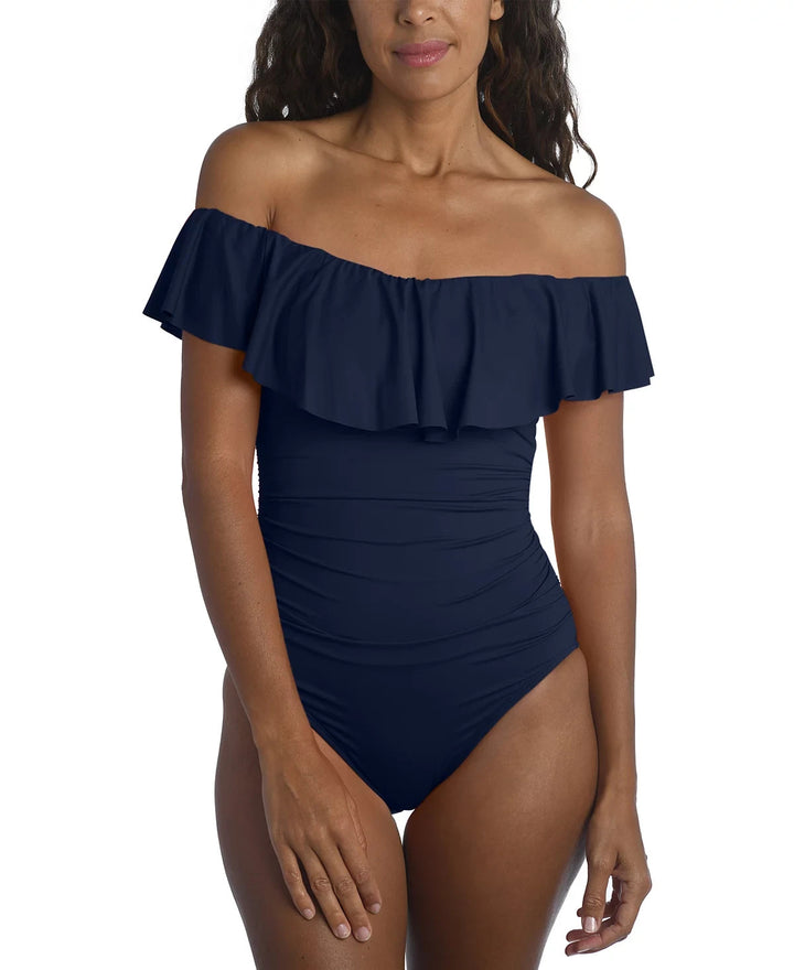 La Blanca Island Goddess Off-The-Shoulder Ruffled One-Piece Swimsuit MSRP $130