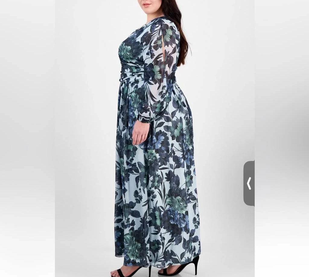 SL Fashions Plus Size Floral-Print Blouson-Sleeve Gown MSRP $149