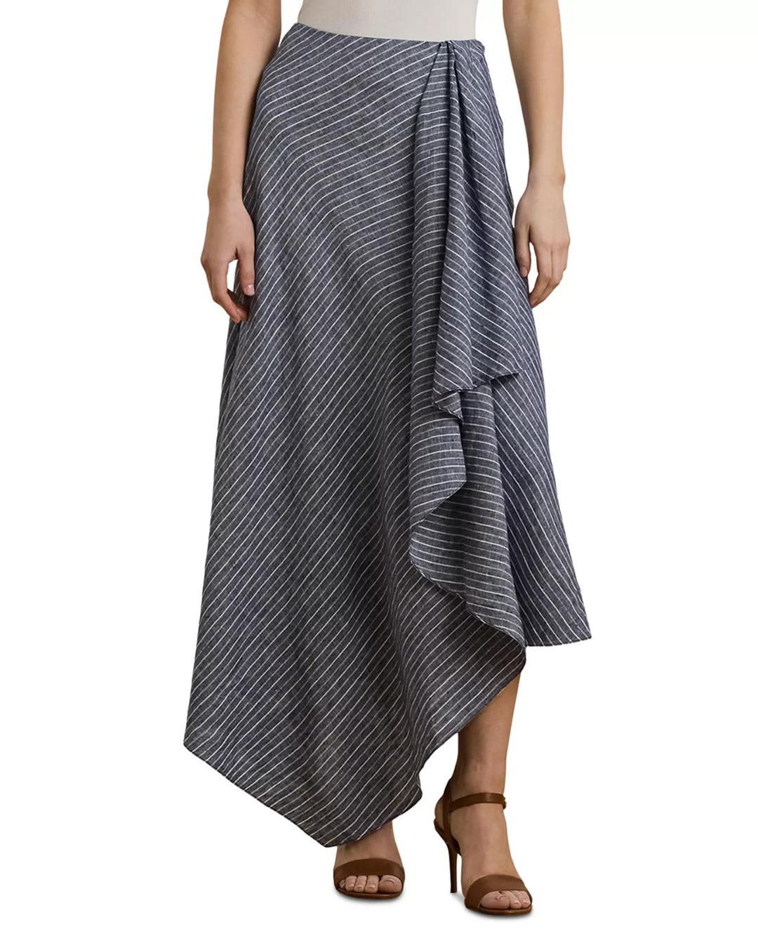 Lauren Ralph Lauren Striped Linen A-Line Midi Skirt MSRP $225