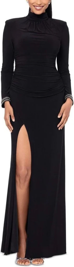 Betsy & Adam Petite Mock-Neck Rhinestone-Cuff Gown MSRP $249