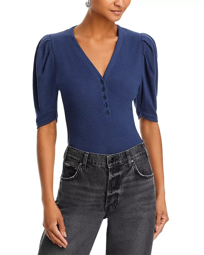 FRAME Rib Knit Ruched Sleeve Henley Tee MSRP $168