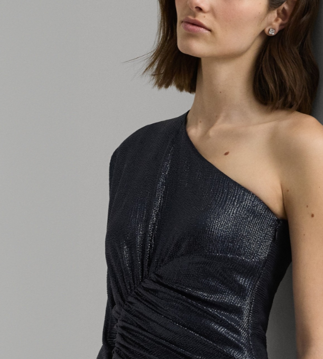 LAUREN Ralph Lauren Metallic Knit One-Shoulder Gown MSRP $295