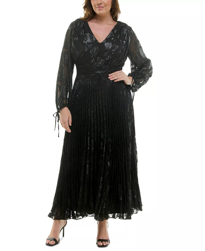 Taylor Plus Size Shimmering Floral Pleated Chiffon Maxi Dress MSRP $158