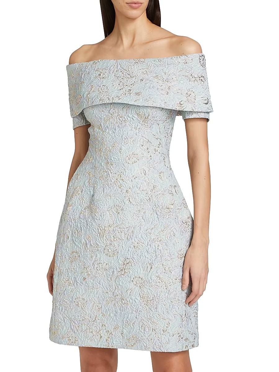 Teri Jon by Rickie Freeman Metallic Jacquard Off the Shoulder Dress MSRP $550