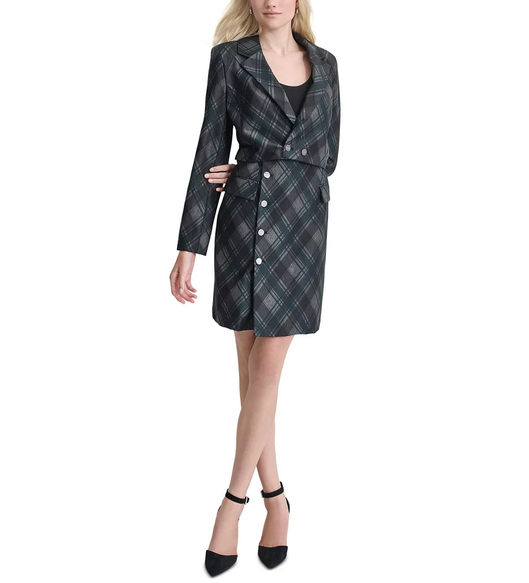 DKNY Petite Plaid-Print Notch-Collar Blazer Dress MSRP $144