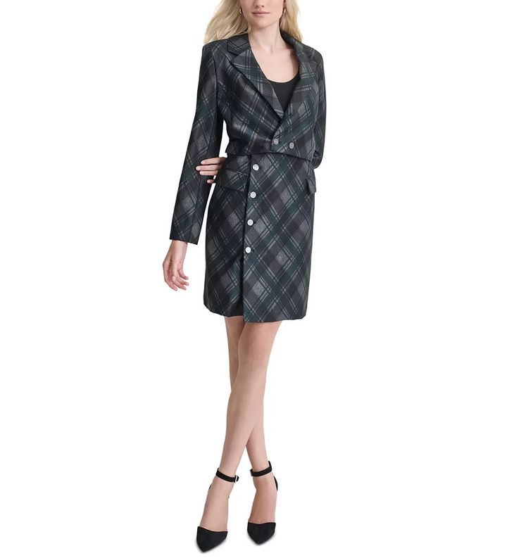 DKNY Petite Plaid-Print Notch-Collar Blazer Dress MSRP $144
