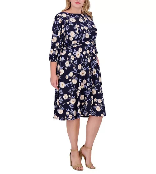 Jessica Howard Plus Size Floral-Print Gathered-Waist Dress MSRP $119