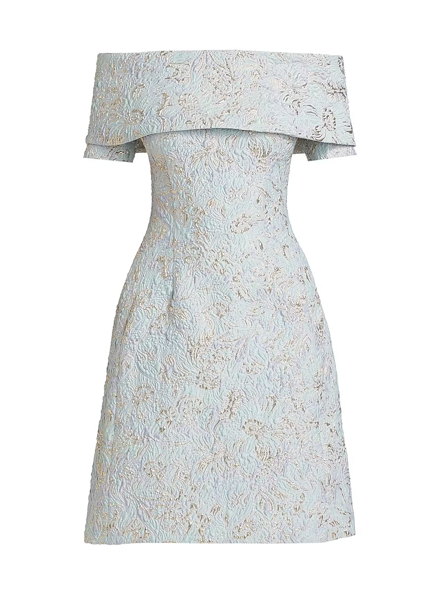 Teri Jon by Rickie Freeman Metallic Jacquard Off the Shoulder Dress MSRP $550