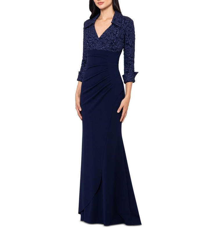 Xscape Collared V-Neck Jacquard Gown MSRP $279