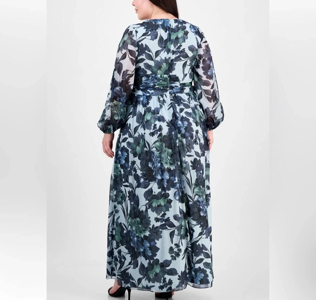 SL Fashions Plus Size Floral-Print Blouson-Sleeve Gown MSRP $149