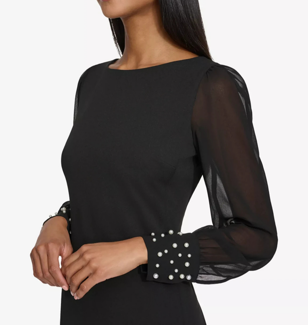 KARL LAGERFELD PARIS Illusion-Sleeve Beaded-Cuff Dress MSRP $138