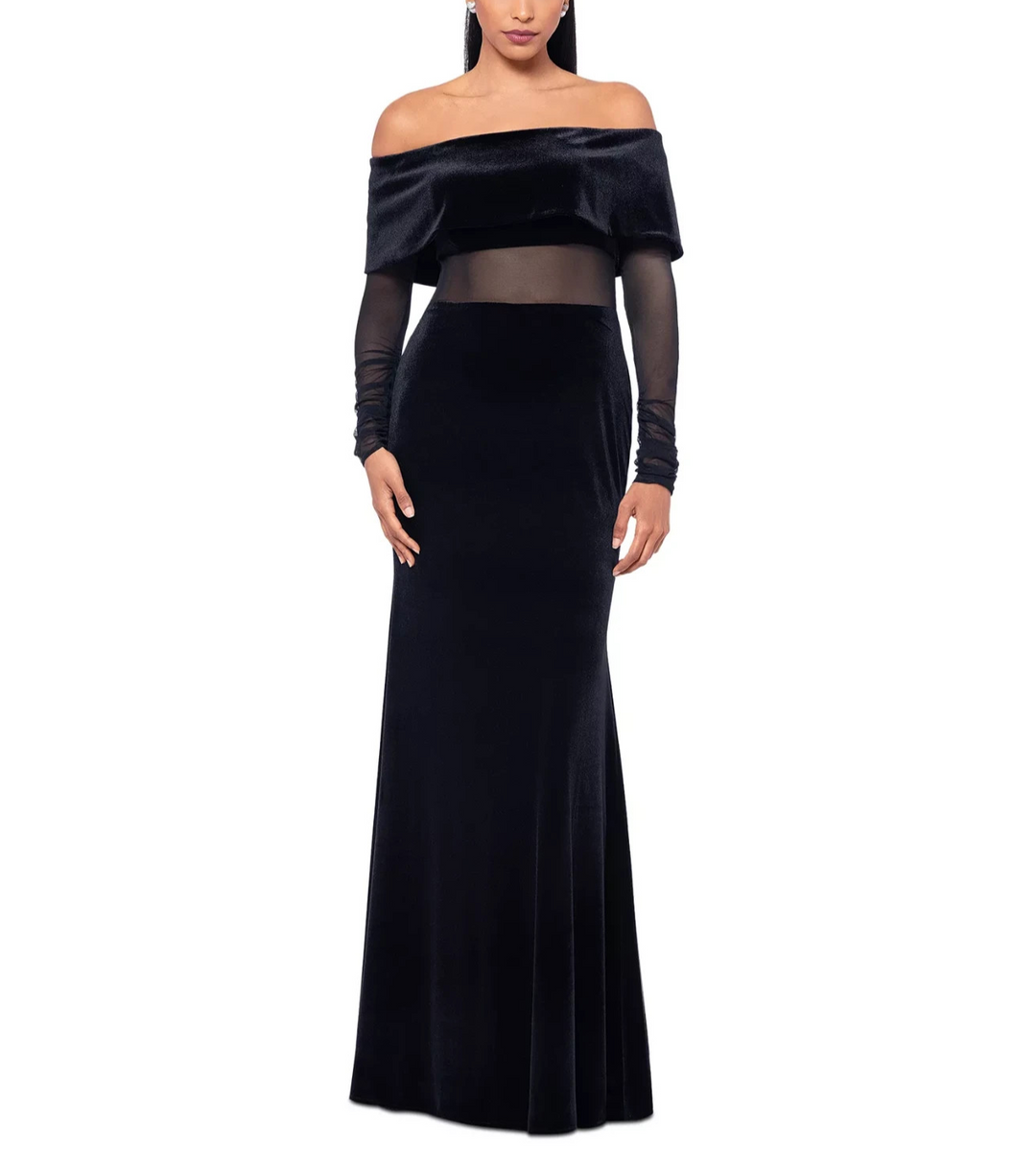 betsy and adam velvet dress Betsy & Adam Velvet and Mesh Off-The-Shoulder Gown MSRP $279 – DGFOutlet