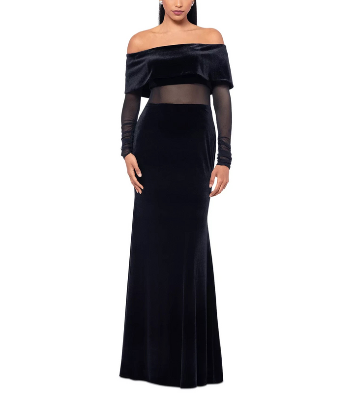 Betsy & Adam Velvet and Mesh Off-The-Shoulder Gown MSRP $279