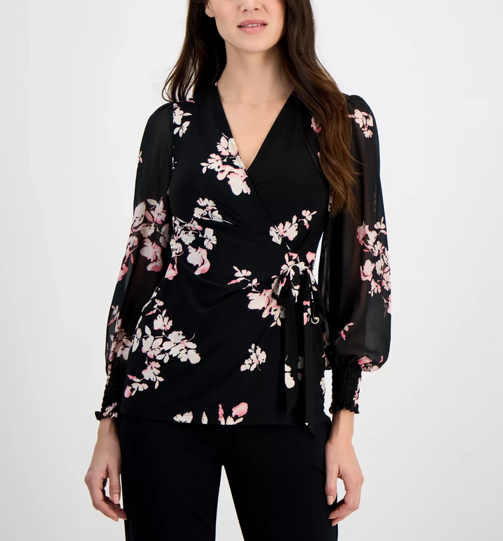 Anne Klein Women's Floral-Print Smocked Wrap Top MSRP $79