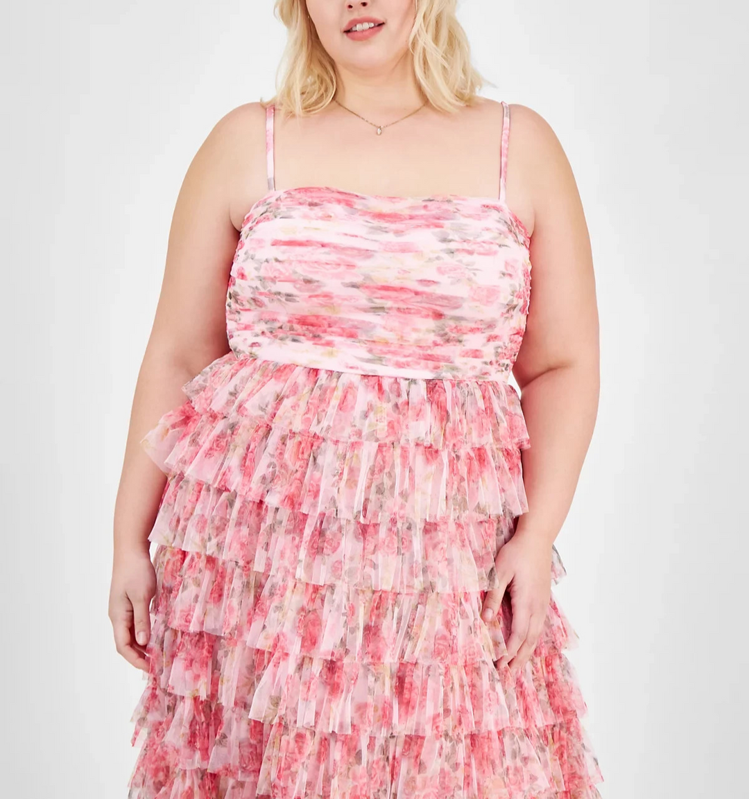 B Darlin Trendy Plus Size Floral Print Ruffle Tiered Gown MSRP $169