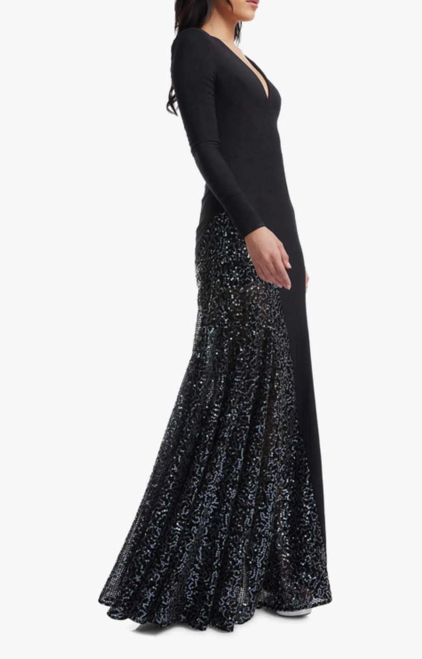 Dress the Population Winnie Sequin Panel Long Sleeve Gown MSRP $428