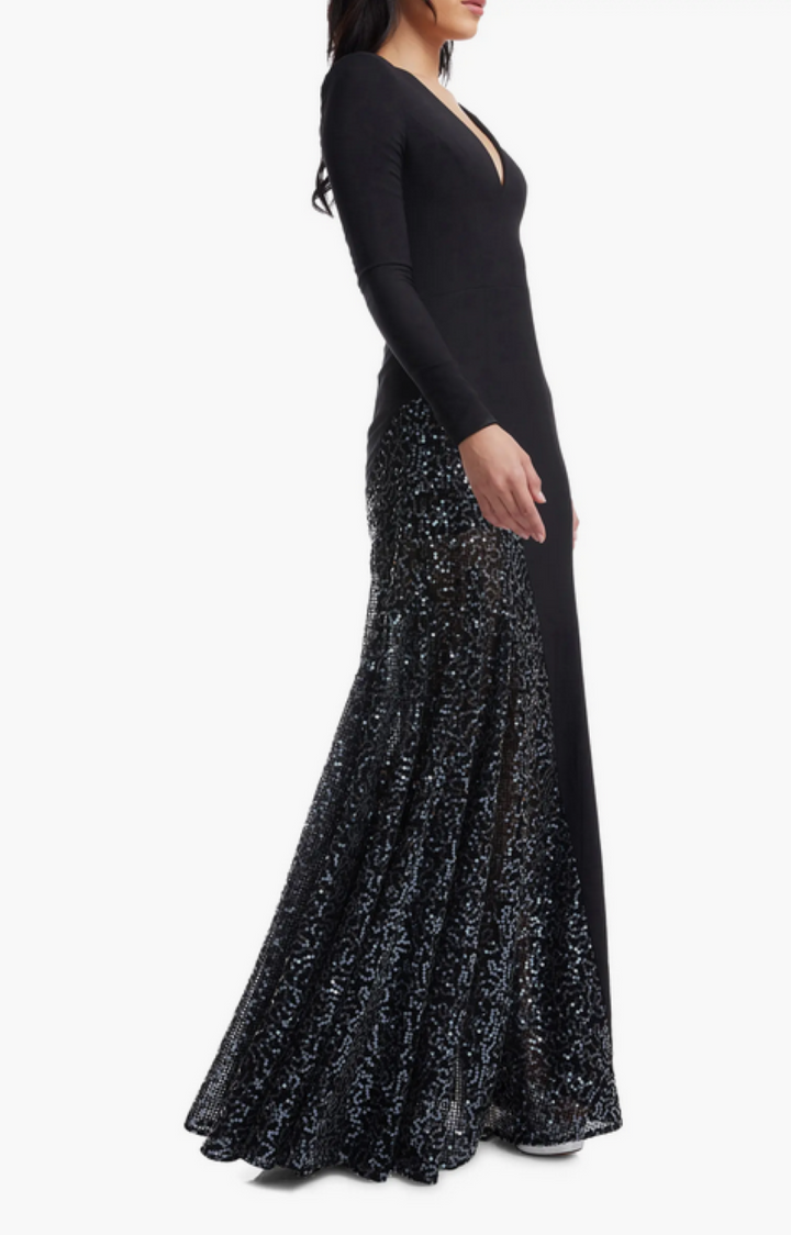 Dress the Population Winnie Sequin Panel Long Sleeve Gown MSRP $428