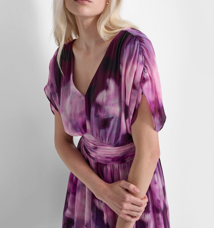 DKNY Women's Printed Ruched-Waist Blouson-Sleeve Dress MSRP $168