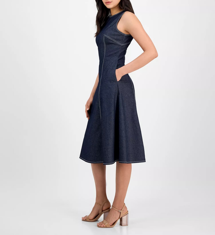 Vince Camuto Women's Fit & Flare Cotton Denim MIDI Dress MSRP $138