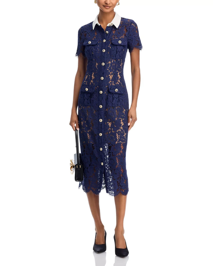 Self-Portrait Navy Lace Contrast Collar Midi Dress