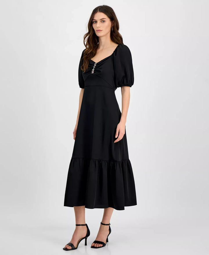 Anne Klein Women's Rhinestone Puff-Sleeve Midi Dress MSRP $139
