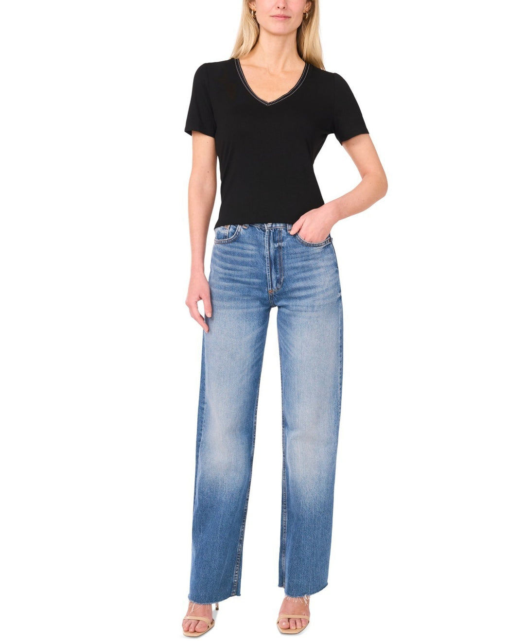 Sam & Jess Women's V-Neck Ribbon-Trim Top MSRP $49
