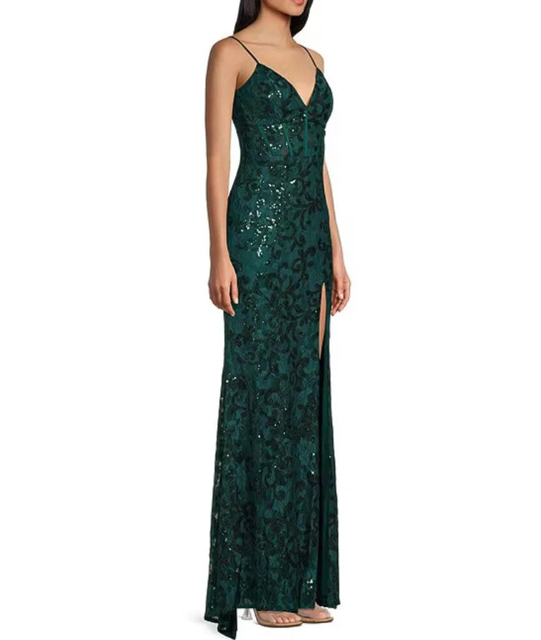 Blondie Nites Juniors' Sequined Lace Corset Gown MSRP $169