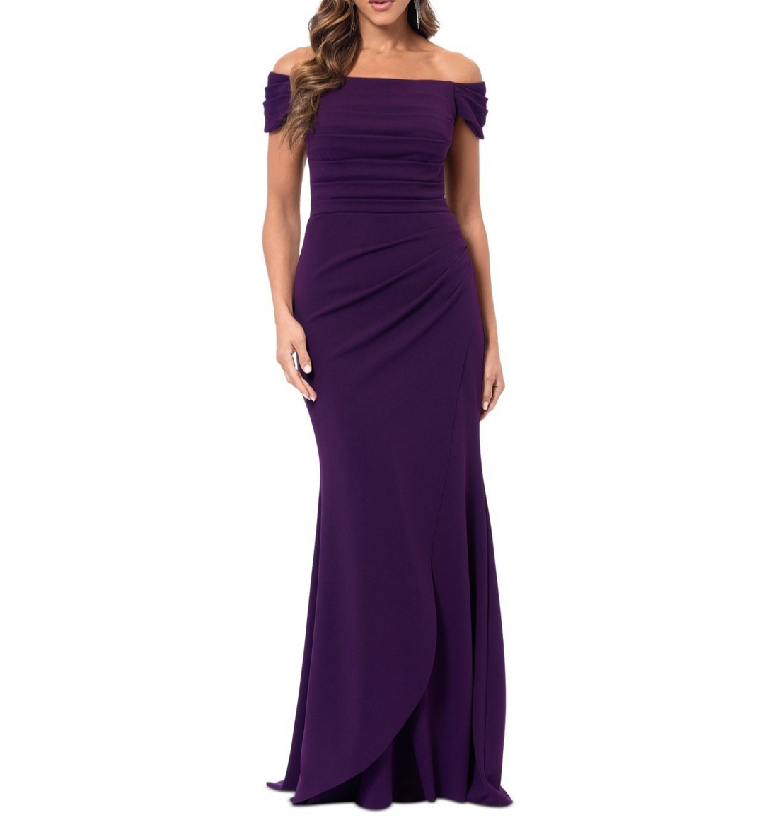 XSCAPE Women's Ruched Off-The-Shoulder Long Dress MSRP $279