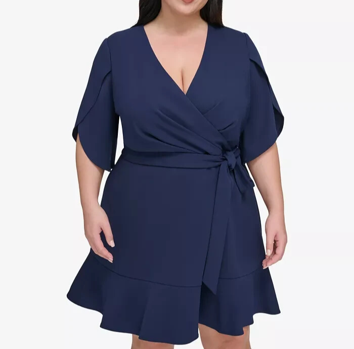 DKNY Plus Size Tulip-Sleeve Faux-Wrap Dress MSRP $99.98