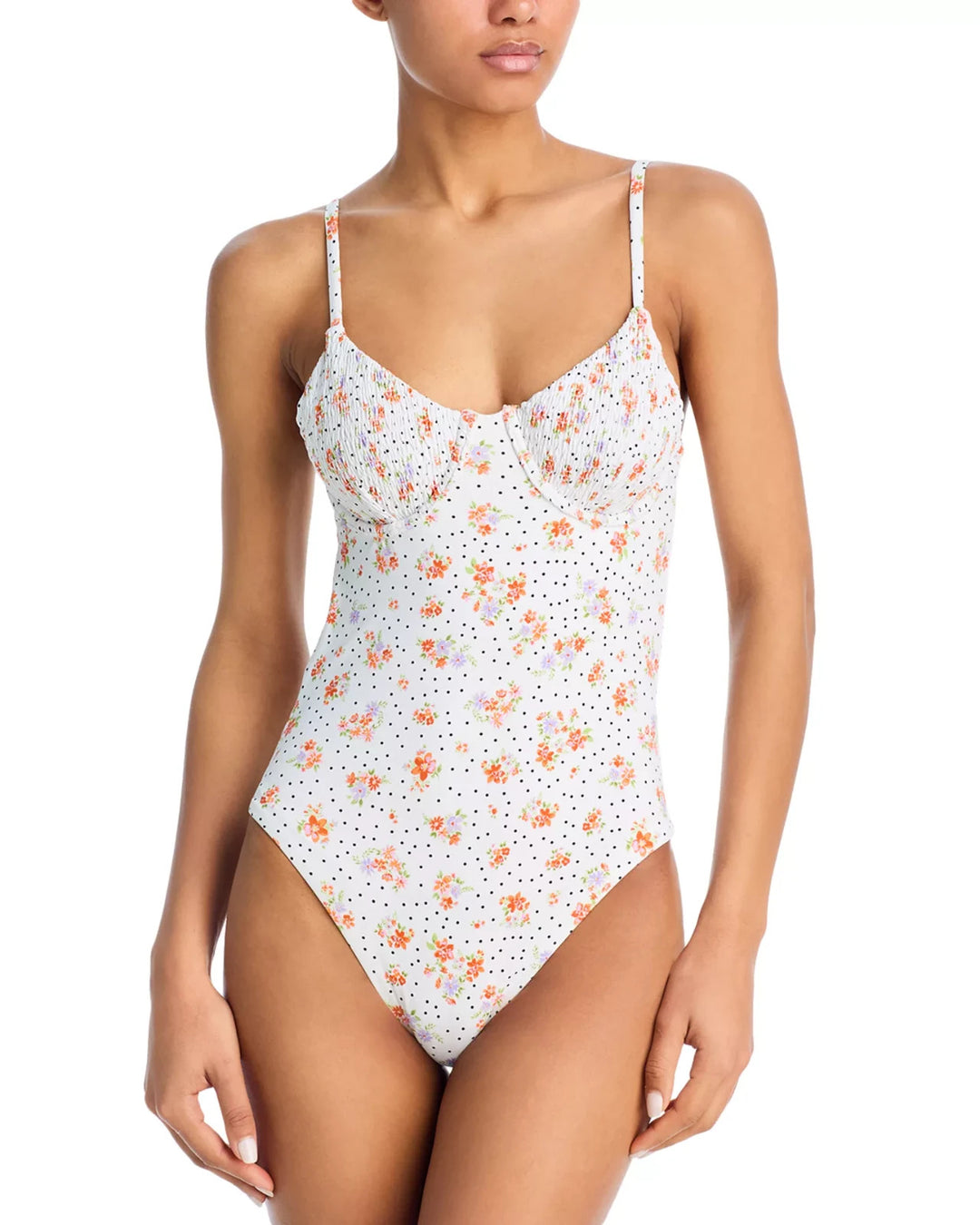 AQUA Smocked Underwire One Piece Swimsuit MSRP $108
