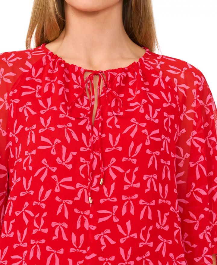 CeCe Women's Bow-Print Tie-Neck Raglan-Sleeve Top MSRP $79