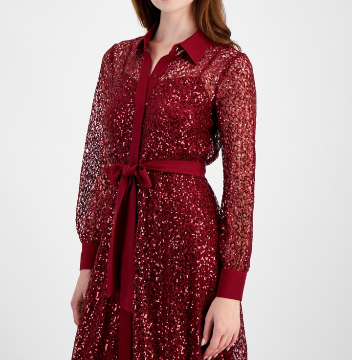 Anne Klein Women's Button-Front Tie-Waist Sequin Dress MSRP $159
