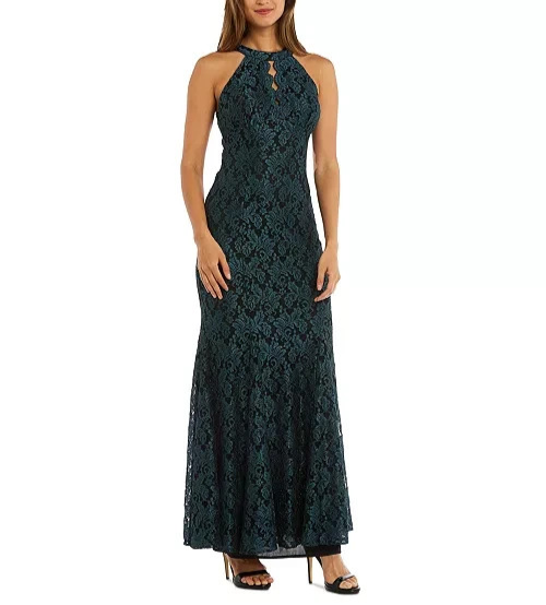 R & M Richards Glitter Lace Halter Gown MSRP $159