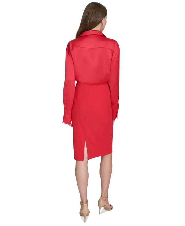 Halston Women's Mixed Media Collared Long-Sleeve Dress MSRP $139