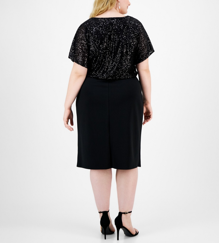 Connected Plus Size Kitty Black Sequin Popover Dress MSRP $89